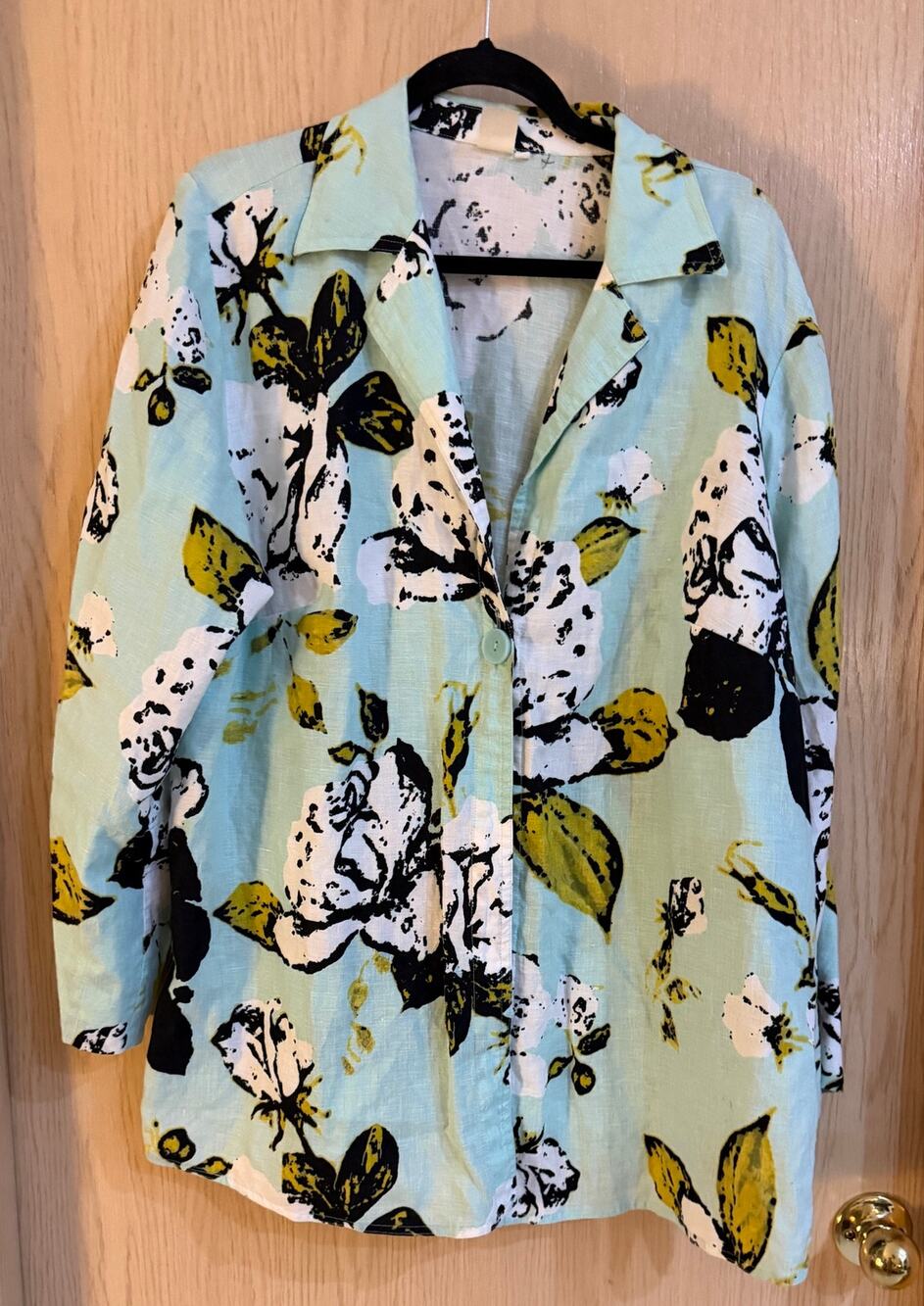 Jones New York Women 1X 100% Linen Floral Jacket Blue Green Long Blazer
